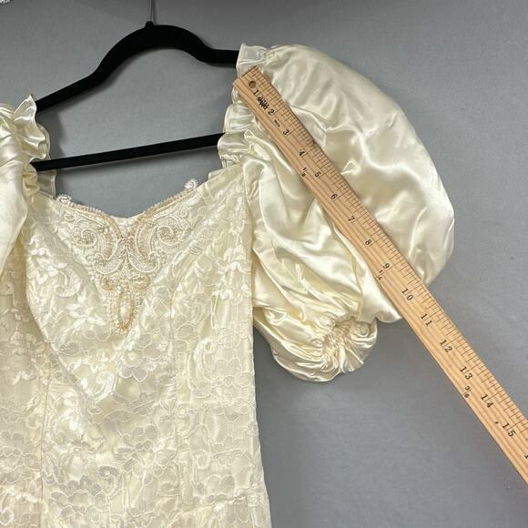 VTG 90s Formal Dress M Ivory Puff Sleeve Wedding Lace Glam Satin Union Prom US - Picture 10 of 16